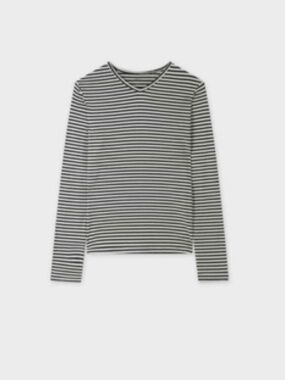 NWOT Meli Tee Shirt Thin Stripe High V Tee-Cream/Olive Small